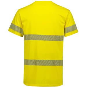 A bright yellow men's tee shirt with segmented reflective tape across the chest and back. It has a logo on the front.