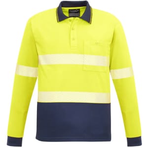 A hi-vis long sleeve polo shirt in bright yellow and navy, featuring segmented reflective tape and a pocket.