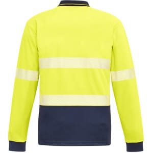 A long sleeve polo in hi-vis yellow with navy segments and reflective tape, featuring a collar and long sleeves.