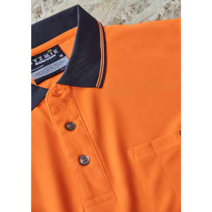 An orange short sleeve polo shirt with a black collar and buttons, featuring a pocket on the front.