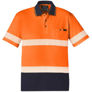 A unisex short sleeve polo in orange with navy segments and reflective tape, featuring a pocket and a logo.
