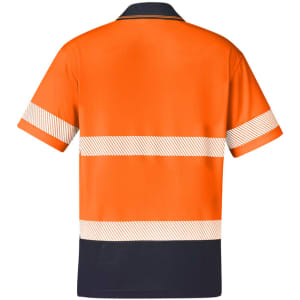 A short sleeve polo shirt in orange and navy, featuring segmented reflective tape and a branded logo.