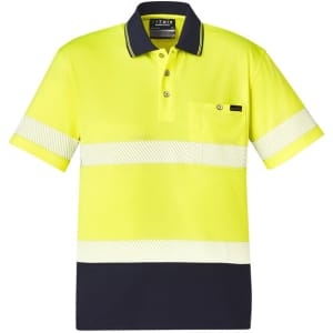 A bright yellow and navy short sleeve polo shirt with segmented reflective tape and a chest pocket, featuring a logo.