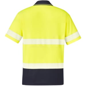 A bright yellow unisex short sleeve polo shirt featuring segmented reflective tape and a navy blue panel.