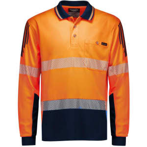 A long sleeve polo shirt in high visibility orange with navy accents and reflective segmented tape. Features a front pocket and logo.
