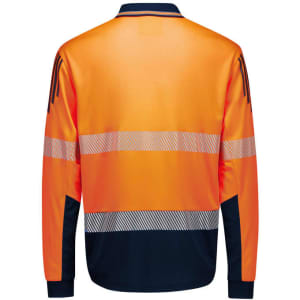 A long sleeve polo in high visibility orange with navy blue accents and reflective segmented tape. It features a logo.