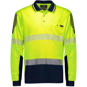 A long sleeve polo in bright yellow with navy blue accents and reflective segmented tape. Features a logo on the chest.