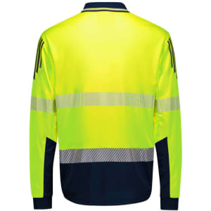 A long sleeve polo in hi-vis yellow with navy accents and segmented reflective tape, featuring a logo.