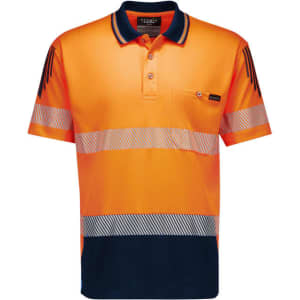 A short sleeve polo in bright orange with navy accents and segmented reflective tape, featuring a pocket and logo.