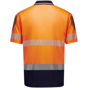 A short sleeve polo in hi-vis orange with segmented reflective tape and a navy blue lower section. Features a logo.