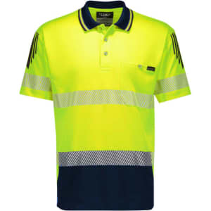A short sleeve polo in high visibility yellow and navy, featuring segmented reflective tape and a pocket. It has a logo.