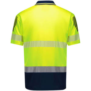 A short-sleeve polo in high visibility yellow with navy accents and segmented reflective tape. Features a logo.
