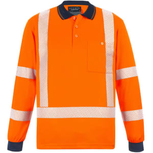 A long sleeve polo shirt in bright orange with reflective stripes and a pocket, featuring a branded logo.