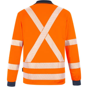 An orange long sleeve polo featuring a reflective X-back design and contrasting navy collar. It includes a logo.