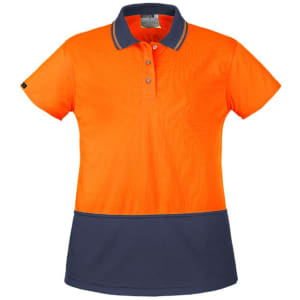 A women's hi-vis short sleeve polo shirt in bright orange with a navy blue bottom and a collar. It has a logo.