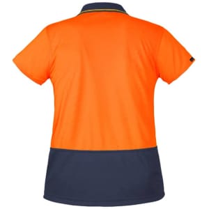 An orange and navy women's short sleeve polo shirt with a logo. Suitable for workwear purposes.