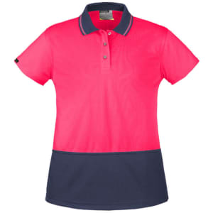 A women's short sleeve polo shirt in bright pink with a navy blue lower section and a collar, featuring a logo.