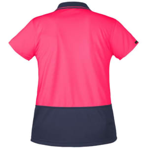 A short-sleeve polo shirt in bright pink and navy, featuring a logo on the back. Ideal for workwear.