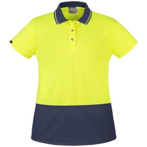 A women's short sleeve polo shirt in high visibility yellow with a navy blue bottom panel. It features a collar and buttons.
