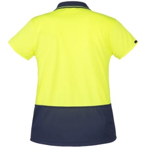 A women's high visibility short sleeve polo in bright yellow and navy blue, featuring a logo on the sleeve.