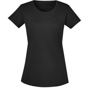 A black women's T-shirt with short sleeves and a round neckline, featuring a logo.