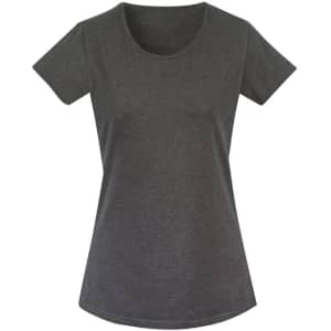 A grey women's T-shirt with short sleeves and a rounded neckline, featuring a curved hem and a logo.
