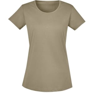 A light olive green women's T-shirt with a round neckline and short sleeves, featuring a small logo.