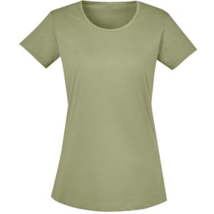 A light olive green women's t-shirt with short sleeves and a rounded neckline. It features a logo on the front.
