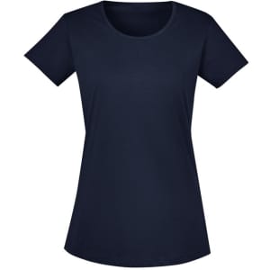 A navy blue women's t-shirt with a round neckline and short sleeves, featuring a logo.
