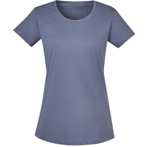 A blue women's T-shirt with short sleeves and a round neckline. It features a logo on one side.