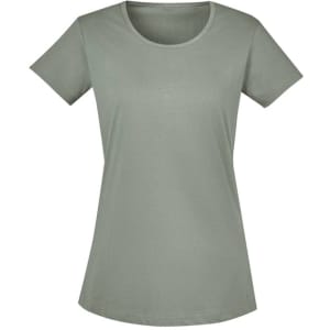 A women's short-sleeve T-shirt in a soft green hue, featuring a rounded neckline and a logo on the side.