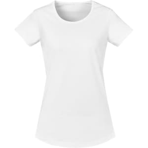 A white women's t-shirt with a round neckline and short sleeves, featuring a slight taper at the waist.