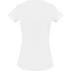 A white women's T-shirt with a fitted design and short sleeves, featuring a small logo on the back.