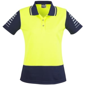 A women's short sleeve polo shirt in bright yellow with navy blue accents and a logo on the chest.
