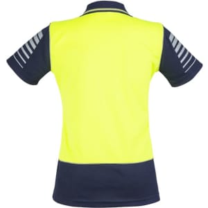 A high-visibility short sleeve polo shirt in bright yellow and navy blue, featuring a logo and striped details on the sleeves.