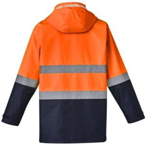 A waterproof jacket featuring a bright orange upper with navy blue lower sections and reflective stripes. It has a hood and a logo.