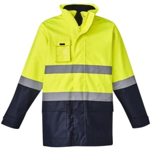 A hi-vis yellow and navy waterproof jacket with reflective stripes, featuring a pocket on the upper left side.