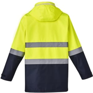 A waterproof jacket in hi-vis yellow and navy blue, featuring reflective stripes and a hood. It has a branding logo.