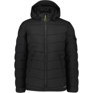 A black unisex puffer jacket with a hood, featuring a front zipper and side pockets, and a small branding logo.