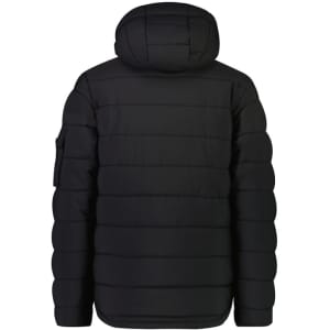 A black unisex hooded puffer jacket with a quilted design and a logo on the sleeve.