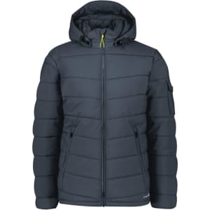 A dark grey unisex hooded puffer jacket with a zip front and side pockets, featuring a logo on the sleeve.