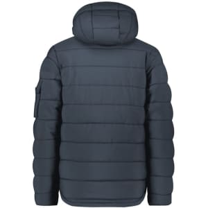 A back view of a dark grey Unisex Streetworx hooded puffer jacket featuring a logo on the sleeve.