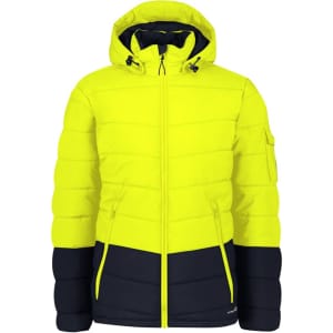 A bright yellow and navy unisex hooded puffer jacket with a zip front and pocket on the arm.