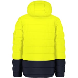 A unisex hooded puffer jacket in bright yellow and navy, featuring a logo on the sleeve.