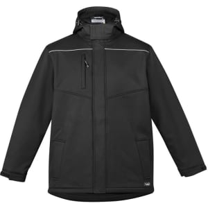 A black unisex softshell jacket featuring a hood and zip pockets, with a subtle logo. Ideal for cold weather.