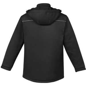 A unisex Antarctic softshell jacket in black, featuring a hood and a logo on the back.