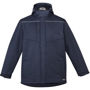 A navy unisex softshell jacket with a zip front, hood, and pockets. It features contrasting trim and a logo.