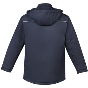 A navy unisex softshell jacket with a hood and reflective detailing on the back. It features a logo.