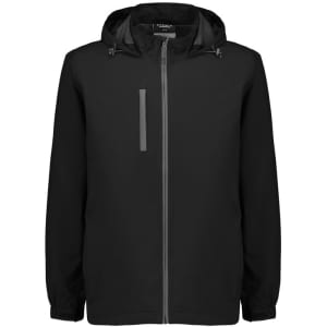 A black unisex light packable rain jacket with a hood and front zip, featuring a reflective logo.