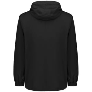 A black unisex super light packable rain jacket with a hood and elastic cuffs. It features a logo on the back.